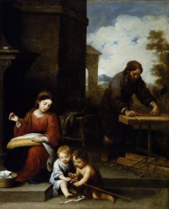 Bartolomé Esteban Murillo, Die heilige Familie mit dem Johannesknaben (zwischen 1655 und 1660): im Hintergrund Josef als Handwerker